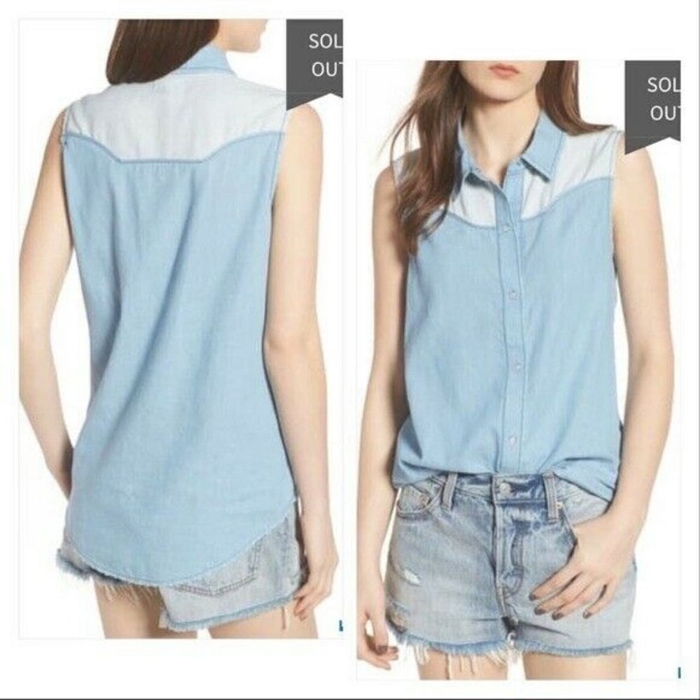 BP. Light Wash Chambray Point Collar Western Top